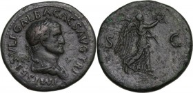 Galba (68-69). AE Sestertius, Rome mint. Obv. IMP SER SVLP GALBA CAES AVG TR P. Laureate and draped bust right. Rev. S-C. Victory alighting right, hol...