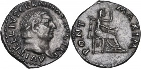Vitellius (69 AD). AR Denarius, Rome mint. Obv. A VITELLIVS GERM IMP AVG TR P. Laureate head right. Rev. PONT MAXIM. Vesta, veiled, seated right on th...