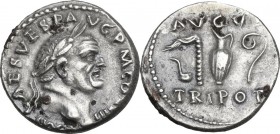 Vespasian (69-79 AD). AR Denarius, 72-73 AD. Obv. IMP CAES VESP AVG P M COS III. Laureate head right. Rev. AVGVR TRI POT. Simpulum, aspergillum, jug a...