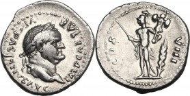 Vespasian (69 -79). AR Denarius, 77-78 AD. Obv. IMP CAESAR VESPASIANVS AVG. Laureate head right. Rev. COS VIII. Mars standing left, holding spear and ...