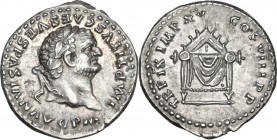 Titus (79-81). AR Denarius, 86-88 AD. Obv. IMP TITVS CAES VESPASIAN AVG PM. Laureate bust right. Rev. TR P IX IMP XV COS VIII P P. Pulvinar (throne) o...