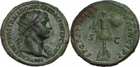 Trajan (98-117). AE Dupondius, 103-111 AD. Obv. IMP CAES NERVAE TRAIANO AVG GER DAC PM TR P COS V PP. Radiate bust right, wearing aegis. Rev. SPQR OPT...