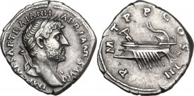Hadrian (117-138). AR Denarius, Rome mint, 119-125 AD. Obv. IMP CAESAR TRAIAN HADRIANVS AVG. Laureate head right, with drapery on far shoulder. Rev. P...