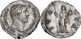 Hadrian (117-138). AR Denarius, 134-138 AD. Obv. HADRIANVS AVG COS III P P. Bare head right. Rev. ITALIA. Italia standing facing, head left, holding s...