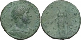 Hadrian (117-138). AE Sestertius, 121 AD. Obv. IMP CAESAR TRAIAN HADRIANVS AVG. Laureate, draped and cuirassed bust right. Rev. PM TR P COS III SC. Ce...