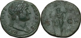 Hadrian (117-138). AE Sestertius, 125-128. Obv. HADRIANVS AVGVSTVS. Laureate bust right, with slight drapery on far shoulder. Rev. COS III S-C. Neptun...