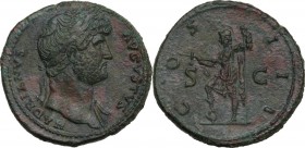 Hadrian (117-138). AE Sestertius, 125-128 AD. Obv. HADRIANVS AVGVSTVS. Laureate bust right, with slight drapery on far shoulder. Rev. COS III SC. Virt...