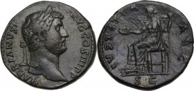 Hadrian (117-138). AE Sestertius, Rome mint, 136 AD. Obv. HADRIANVS AVG COS III P P, Laureate head right. Rev. IVSTITIA AVG SC. Justitia seated left, ...