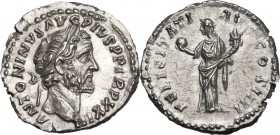 Antoninus Pius (138-161). AR Denarius, Rome mint. Obv. ANTONINVS AVG PIVS P P TR P XXIII. Laureate head right. Rev. FELICITATI AVG COS IIII. Felicitas...