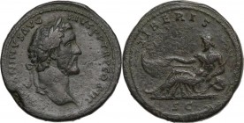 Antoninus Pius (138-161). AE Sestertius, 141-143 AD. Obv. ANTONINVS AVG PIVS P P TR P COS III. Laureate head right. Rev. TIBERIS SC (in exergue). Tibe...