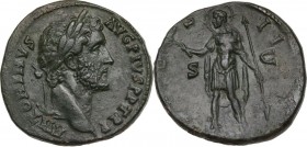 Antoninus Pius (138-161). AE Sestertius, Rome mint, c.145-160. Obv. ANTONINVS AVG PIVS P P TR P. Laureate head right. Rev. COS II[I]I SC. Antoninus Pi...