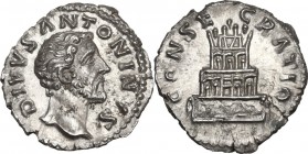 Antoninus Pius (Divus, after 161 AD). AR Denarius, issued under Marcus Aurelius. Obv. DIVVS ANTONINVS. Bare head right. Rev. CONSECRATIO. Four-tiered ...