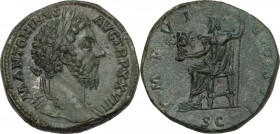 Marcus Aurelius (161-180). AE Sestertius, Rome mint, 174-175 AD. Obv. M ANTONINVS AVG TR P XXVIII. Laureate head right. Rev. IMP VI COS III SC. Jupite...