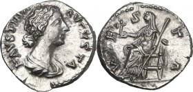 Faustina II, wife of Marcus Aurelius (died 176 AD). AR Denarius, struck under Marcus Aurelius. Obv. FAVSTINA AVGVSTA. Draped bust right. Rev. Vesta se...