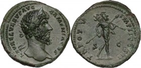 Lucius Verus (161-169). AE Sestertius, Rome mint, 165 AD. Obv. L AVREL VERVS AVG ARMENIACVS. Laureate head right. Rev. TR POT V IMP II COS II SC. Mars...