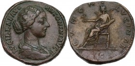 Lucilla, wife of Lucius Verus (died 183 AD). AE Sestertius. Obv. LVCILLAE AVG ANTONINI AVG F. Draped bust right. Rev. IVNONI LVCINAE SC. Iuno seated l...