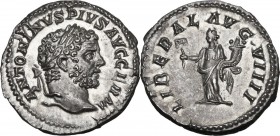 Caracalla (198-217). AR Denarius. 213-217 AD. Obv. ANTONINVS PIVS AVG GERM. Laureate head right. Rev. LIBERAL AVG VIIII. Liberalitas standing left, ho...
