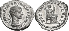 Elagabalus (218-222 AD). AR Denarius. Obv. IMP ANTONINVS PIVS AVG. Laureate, draped and cuirassed bust right. Rev. SECVRITAS SAECVLI. Securitas seated...
