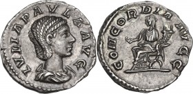 Julia Paula, first wife of Elagabalus (218-222). AR Denarius, Rome mint. Obv. IVLIA PAVLA AVG. Draped bust right. Rev. CONCORDIA AVGG. Concordia seate...
