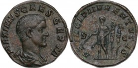 Maximus (Caesar 235-238). AE Sestertius, Rome mint. Obv. MAXIMVS CAES GERM. Bare-headed and draped bust right. Rev. PRINCIPI IVVENTVTIS SC. Maximus st...