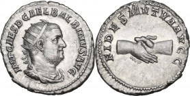Balbinus (238 A.D.). AR Antoninianus, Rome mint. Obv. IMP CAES D CAEL BALBINVS AVG. Laureate, draped and cuirassed bust right. Rev. FIDES MVTVA AVGG. ...