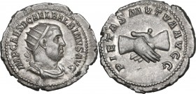 Balbinus (238 A.D.). AR Antoninianus, Rome mint. Obv. IMP CAES D CAEL BALBINVS AVG. Laureate, draped and cuirassed bust right. Rev. PIETAS MVTVA AVGG....