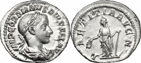 Gordian III (238-244). AR Denarius, 241-243 AD. Obv. IMP GORDIANVS PIVS FEL AVG. Laureate, draped and cuirassed bust right. Rev. LAETITIA AVG N. Laeti...