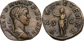 Philip II (247-249). AE Sestertius, 246-249 AD. Obv. IMP PHILIPPVS AVG. Laureate, draped and cuirassed bust right. Rev. PAX AETERNA SC. Pax standing f...