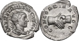 Herennius Etruscus as Caesar (249-251). AR Antoninianus, Rome mint. Obv. Q HER ETR MES DECIVS NOB C. Radiate and draped bust right. Rev. CONCORDIA AVG...