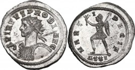 Probus (276-282). BI Antoninianus, Ticinum mint. Obv. VIRTVS PROBI AVG. Radiate and cuirassed bust left, holding spear and shield. Rev. MARTI PACIF. M...