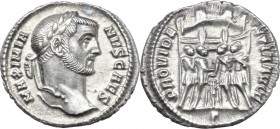 Galerius as Caesar (293-305). AR Argenteus, Rome mint, c. 295-297 AD. Obv. MAXIMIA-NVS CAES. Laureate head right. Rev. PROVIDE-NTIA AVGG. The four pri...