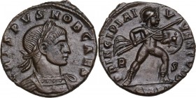 Crispus (Caesar, 317-326). AE Follis, Arelate mint, 317-318 AD. Obv. CRISPVS NOB CAES. Laureate and cuirassed bust right. Rev. PRINCIPIA IVVENTVTIS. M...