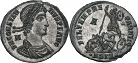 Constantius II (337-361). AE 25 mm. Siscia mint, 348-350. Obv. D N CONSTAN-TIVS P F AVG. Diademed, draped and cuirassed bust right, A in left field. R...