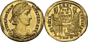 Constantius II (337-361). AV Solidus, Nicomedia mint, 340-350 AD. Obv. FL IVL CONSTANTIVS PERP AVG. Pearl and rosette-diademed, draped and cuirassed b...