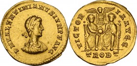 Valentinian II (375-392). AV Solidus, Treveri mint, 377 AD. Obv. D N VALENTINIANVS IVN P F AVG. Pearl-diademed, draped and cuirassed bust right. Rev. ...