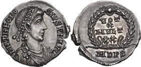 Theodosius I (379-395). AR Siliqua, Mediolanum mint, 379-388 AD. Obv. DN THEODOSIVS PF AVG. Pearl-diademed, draped, and cuirassed bust right. Rev. VOT...