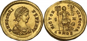 Honorius (393-423). AV Solidus, Sirmium mint (?). Obv. DN HONORIVS PF AVG. Pearl-diademed, draped and cuirassed bust right. Rev. VICTORIA AVGGG Є. Emp...