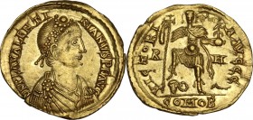 Valentinian III (425-455). AV Solidus. Rome mint, 425-426 AD. Obv. DN PLA VALENTINIANVS PF AVG. Rosette diademed, draped and cuirassed bust right. Rev...