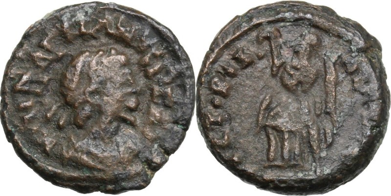 Majorian (457-461). AE 14 mm. Mediolanum mint. Obv. DN MAI[ ]RIANVS PF AVG. Pear...