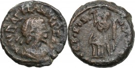 Majorian (457-461). AE 14 mm. Mediolanum mint. Obv. DN MAI[ ]RIANVS PF AVG. Pearl-diademed, draped and cuirassed bust right. Rev. [V]ICTORIA AVGGG. Vi...