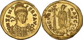 Zeno (474-491). AV Solidus, Constantinople mint. Obv. DN ZENO PERP AVG. Pearl-diademed, helmeted and cuirassed bust facing slightly right, holding spe...