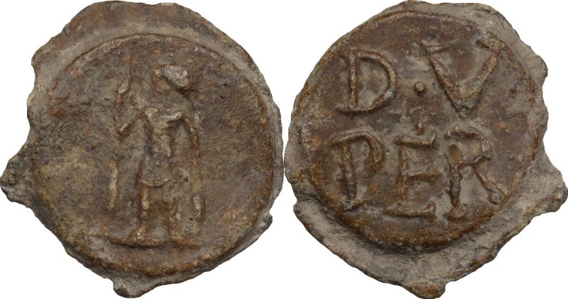Tessera plumbea. D/ Miles vel Mars stans sinistr. d. hastae, s. clipeo innixus. ...