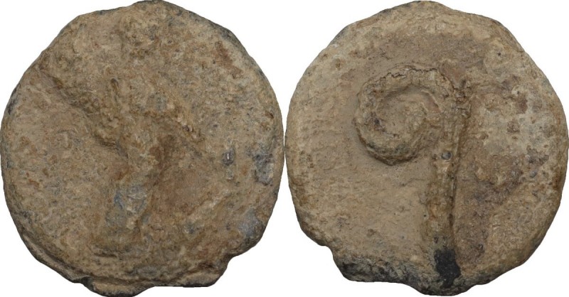 Tessera plumbea. D/ Diana dextr. progrediens arcu sagittam mittens. R/ Lituus. R...