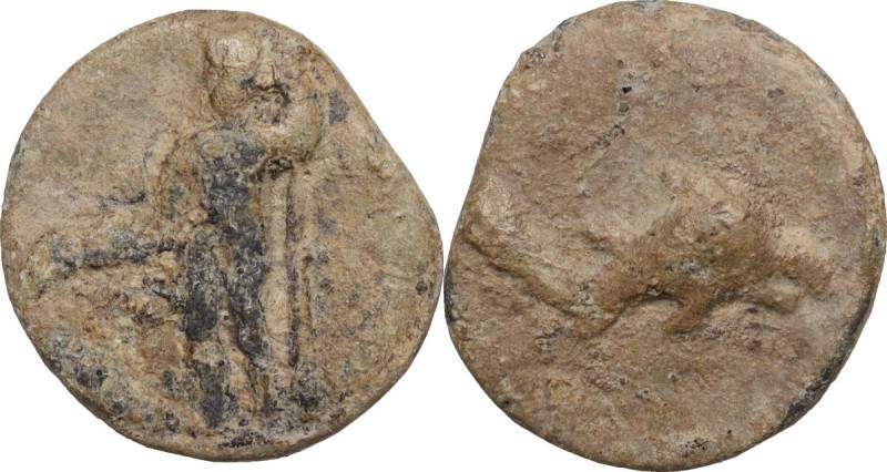 Tessera plumbea. D/ Neptunus stans sinistr. d. porrecta delphinum tenens, s. tri...