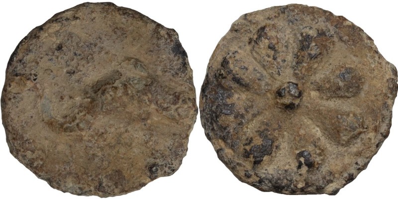 Tessera plumbea. D/ Delphinum natans dextr. R/ Ornamentum rosaceum octo foliorum...