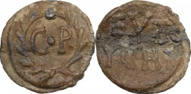 Tessera plumbea. D/ C•P in m. t., in corona. R/ EVT/YCHI campum occupans. Cf. Rostowzew 3211 for obv. and cf. 573 for the same Cognomen Eutychus or Eu...