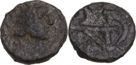 Ostrogothic Italy, Theoderic (493-526). AE Nummus. Pseudo-Imperial Coinage. In the name of Justinian I, 493-526. Rome mint. Obv. [ ]. Pearl-diademed a...
