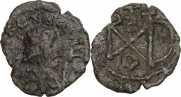 Ostrogothic Italy, Baduila (541-552). AE Nummus (or 2 1/2 Nummi). Pseudo-Imperial Coinage. In the name of Anastasius, uncertain mint. Obv. [ ]NAS(retr...