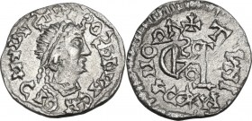 The Gepids in Sirmium. Imitative AR Quarter Siliqua in the name of Anastasius I (491-518 AD). Obv. Blundered legend. Diademed and draped bust right. R...