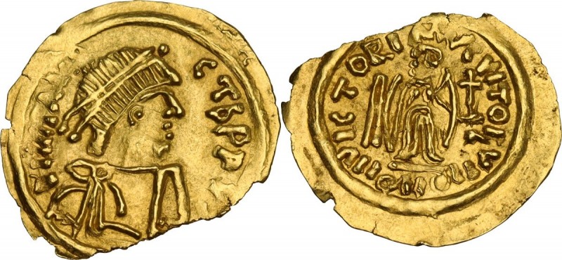 The Lombards, Lombardy. Uncertain king. AV Tremissis. Pseudo-Imperial coinage in...